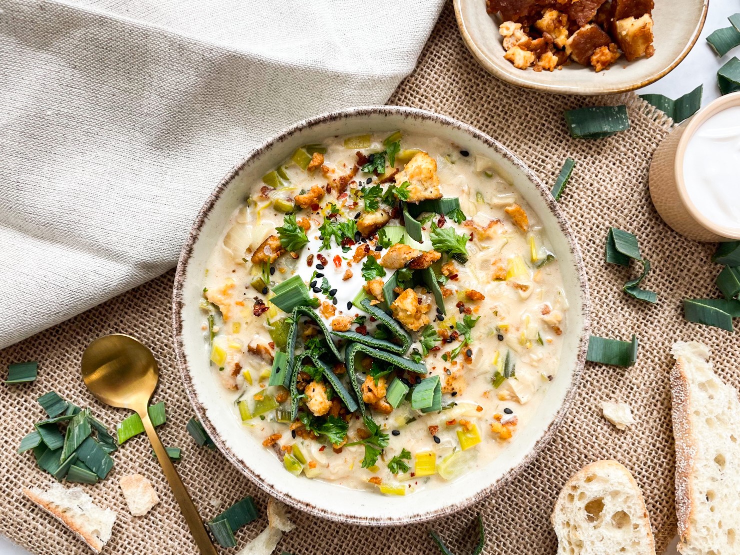 Vegane Käse Lauch Suppe mit Tofu, Lauch, Gemüsebrühe und Zwiebel. Einfaches Rezept in 20 Minuten.